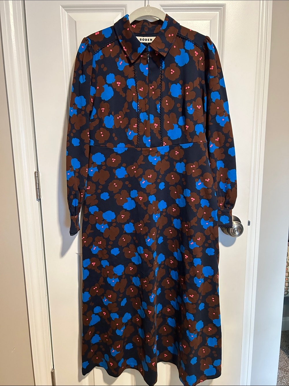 EUC Boden Pip Zip-Up Blue and Brown Floral-Print Ponte Midi Dress - Picture 5 of 11